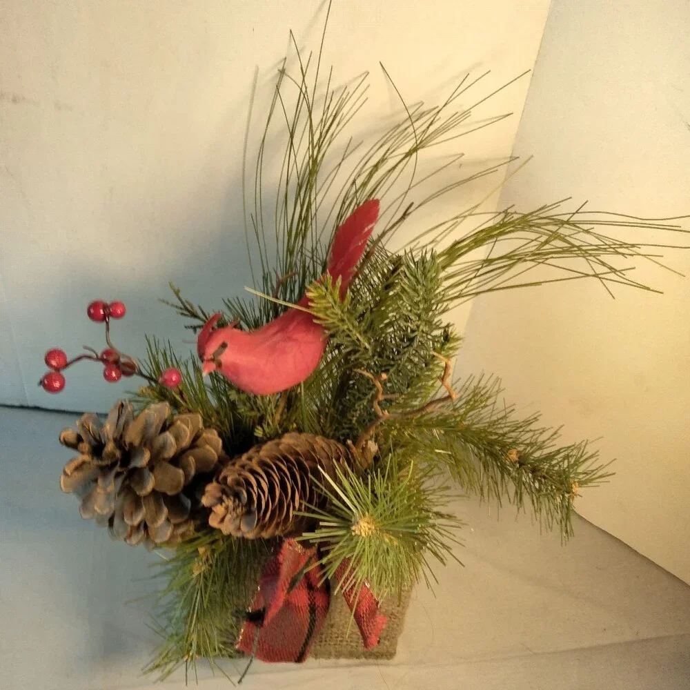 Rustic Burlap Christmas Evergreen Centerpiece Cardinal Pinecones Winter Decor